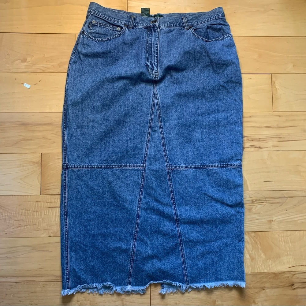 Vintage 90s Lauren Jeans Co Size 16 Raw Hem Maxi Jeans Denim Skirt